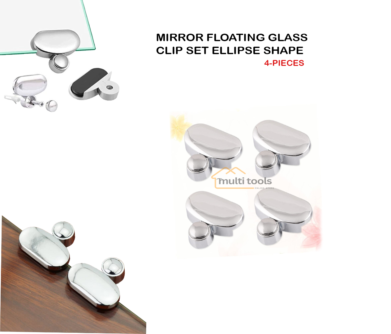 4 Pcs Mirror Floating Glass Clip Set Ellipse Shape..